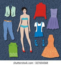 paper doll with set of cloths for cut. Vector illustration