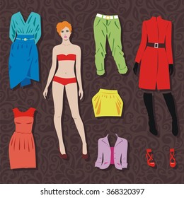 paper doll with set of cloths for cut. Vector illustration