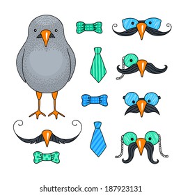 Paper doll set. Cute mustached bird. 
