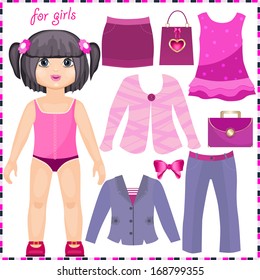 Paper doll with a set of elegant clothes. Cute fashion girl. Template for cutting.