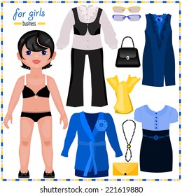 Paper doll with a set of elegant clothes. Business style.Cute fashion girl. Template for cutting.