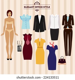 Paper doll with a set of elegant clothes. Business style. Beautiful fashion girl. Set of clothes for work 