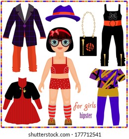 Paper doll with a set of fashion clothes. Cute hipster girl. Template for cutting.