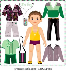 Paper doll with a set of fashionable clothing. Cute trendy boy. Template for cutting.