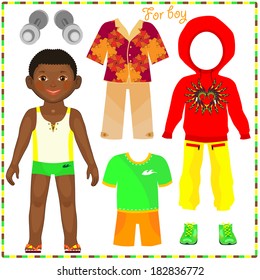 Paper doll with a set of fashionable clothing. Cute African boy. Template for cutting.