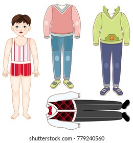 Paper doll set - little boy in underwear and collection of suits, formal and casual, cartoon vector illustration isolated on white background. Paper doll boy and set of clothes - formal and casual
