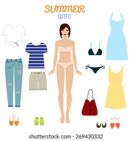 Paper Doll With A Set Of Summer Outfit. Fashion Girl