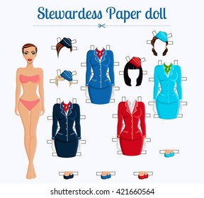 Paper doll stewardess, a set of special clothes of different colors, shoes and accessories. Beautiful woman. Vector illustration