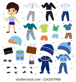 Paper doll vector boy dress up clothing with fashion pants or shoes illustration boyish set of male clothes for cutting cap or T-short isolated on white background