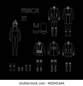 Paper doll vector illustrations. Cute girl. Fashion cloth set. Thin line.