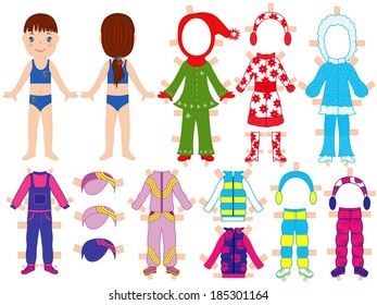 Paper doll and warm clothes set for her with technological clips dressing