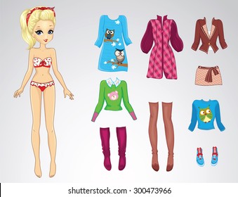 Paper doll of a young beautiful blonde girl and clothes for her