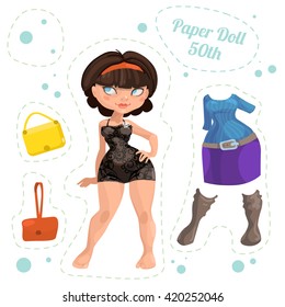 Paper doll of a young beautiful girl and some clothes for her in retro style