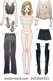 Paper doll of a young beautiful teenager girl and style fashionable clothes for her