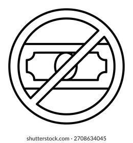 Icono de línea delgada de la prohibición del billete de papel del dólar, concepto prohibido del efectivo. Gráficos de Vector. Signo prohibido del artículo en el fondo blanco, icono del estilo del contorno para el móvil o el Diseño web