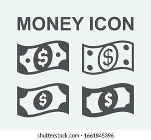 Paper dollar or dollar bill vector icon isolated on white background. Set of wavy flying cash dollars illustration