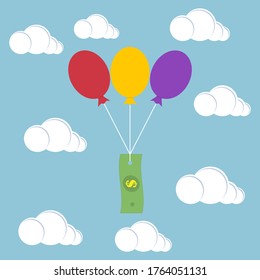Paper dollar flies with balloons and clouds in the sky. Vector illustration.