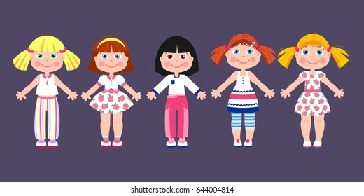 Paper doll-girl in different clothes. Vector illustration. 