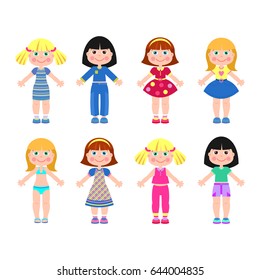 Paper doll-girl in different clothes. Vector illustration. Isolated on white background.