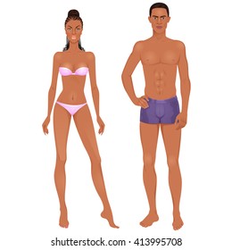 Paper dolls, Afro American young woman and guy in underwear. Body templates