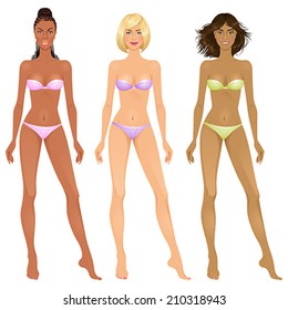 Paper dolls, beautiful young women, different skin colors. Body templates.