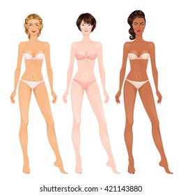 Paper dolls, beautiful young women, different skin colors. Body templates.