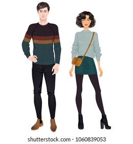 Paper dolls, hipsters, young woman and man in casual looks. Body templates.
