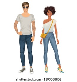 Paper Dolls, Hipsters, Young Woman And Man In Casual Looks. Body Templates. Isolated Vector Illustrations.