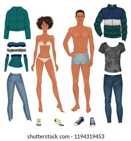 Paper dolls, hipsters, young woman and man in casual looks. Body templates. Isolated vector illustrations.