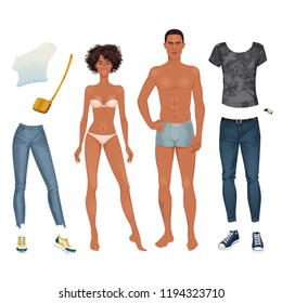 Paper dolls, hipsters, young woman and man in casual looks. Body templates. Isolated vector illustrations.