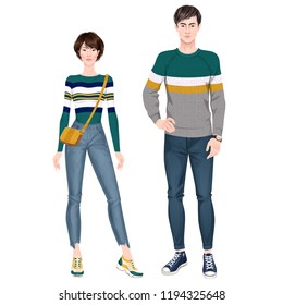 Paper dolls, hipsters, young woman and man in casual looks. Body templates. Isolated vector illustrations.