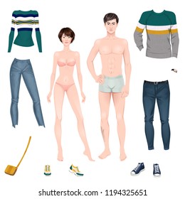 Paper Dolls, Hipsters, Young Woman And Man In Casual Looks. Body Templates. Isolated Vector Illustrations.