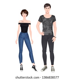 Paper Dolls, Hipsters, Young Woman And Man In Casual Looks. Body Templates. Isolated Vector Illustrations.