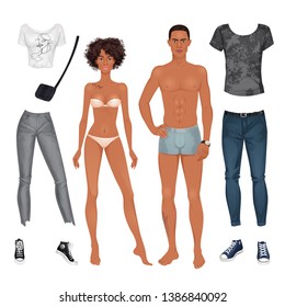 Paper Dolls, Hipsters, Young Woman And Man In Casual Looks. Body Templates. Isolated Vector Illustrations.