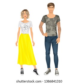 Paper dolls, hipsters, young woman and man in casual looks. Body templates. Isolated vector illustrations.