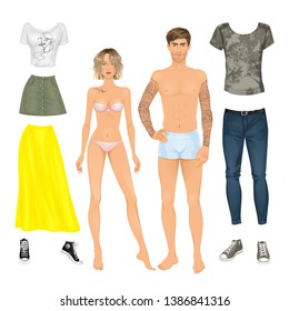 Paper Dolls, Hipsters, Young Woman And Man In Casual Looks. Body Templates. Isolated Vector Illustrations.