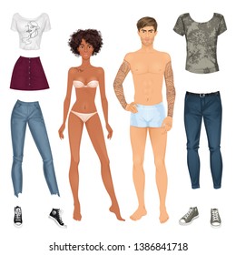 Paper dolls, hipsters, young woman and man in casual looks. Body templates. Isolated vector illustrations.