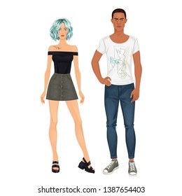 Paper Dolls, Hipsters, Young Woman And Man In Casual Looks. Body Templates. Isolated Vector Illustrations.