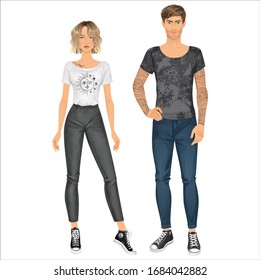 Paper dolls, hipsters, young woman and man in casual looks. Body templates. Isolated vector illustrations.