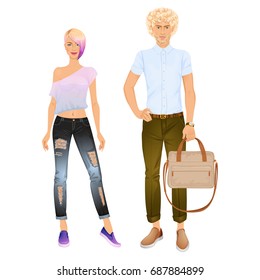 Paper dolls, hipsters, young woman and guy in casual looks. Body templates.
