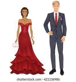 Paper dolls, mixed-race couple, young woman and guy in beautiful prom party looks, evening gown and suit. Body templates