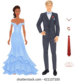 Paper dolls, mixed-race couple, young woman and guy in beautiful prom party looks, evening gown and suit. Body templates