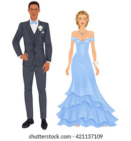 Paper dolls, mixed-race couple, young woman and guy in beautiful prom party looks, evening gown and suit. Body templates