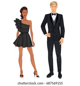 Paper dolls, mixed-race couple, young woman and guy in beautiful prom party looks, cocktail gown and suit. Body templates