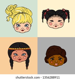 Paper dolls, set of 4 races of mankind (girls heads), vector illustration