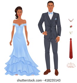 Paper dolls, young black woman and black guy in beautiful prom party looks, evening gown and suit, plus extra items to have more fun. Body templates.