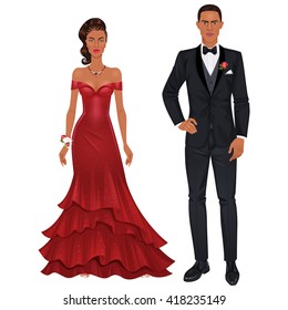 Paper dolls, young black woman and black guy in beautiful prom party looks, evening gown and suit. Body templates.