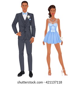 Paper dolls, young black woman and black guy in beautiful prom party looks, evening gown and suit. Body templates.