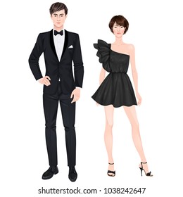 Paper dolls, young woman and guy in beautiful prom party looks, cocktail gown and suit. Body templates