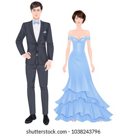 Paper dolls, young woman and guy in beautiful prom party looks, evening gown and suit. Body templates